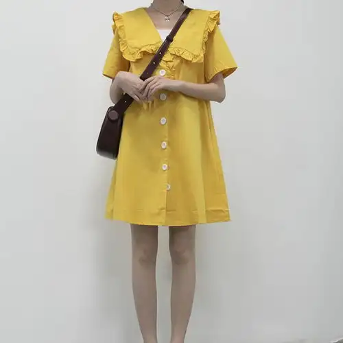 姜黄色娃娃领连衣裙夏季少女心爆棚的单品
