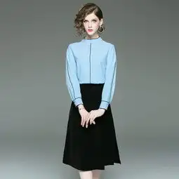 施悦名2019年春装新款撞色衬衣套装女欧美轻熟风衬衫搭黑色中长款开叉裙