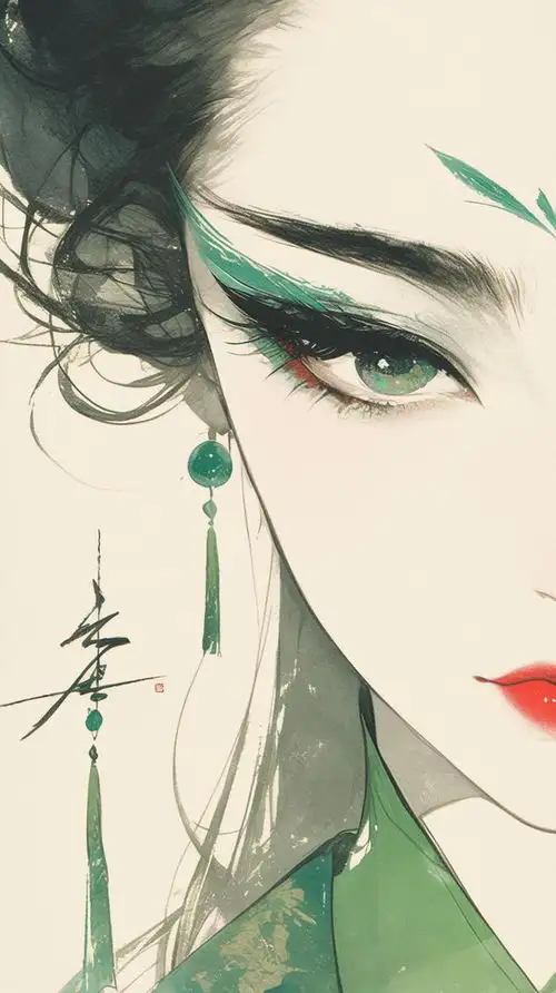蓝青色系的古风美女手机壁纸