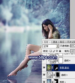 ps调出青蓝色唯美阳光湖景美女照片