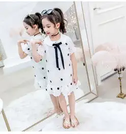 2019新款韩版童裙女童夏装蝴蝶结裙子中大童儿童短袖波点连衣裙pwy